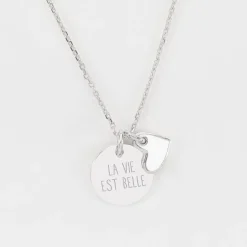 Pendentif enfant personnalisé médaille gravée argent 15 mm et breloque coeur email 10 mm