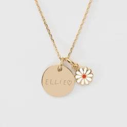 Pendentif enfant personnalisé médaille gravée plaqué or 15 mm et breloque email fleur marguerite 8 mm