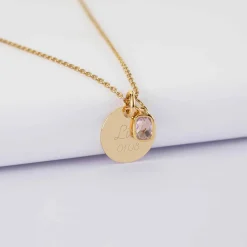 Pendentif enfant personnalisé médaille gravée plaqué or 15 mm et breloque rectangle zircon plaqué or 9 mm