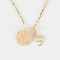 Pendentif enfant personnalisé médaille gravée plaqué or 15 mm et breloque colombe 18 mm