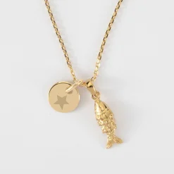 Pendentif enfant personnalisé médaille gravée plaqué or 10 mm et breloque poisson articulé 15 mm