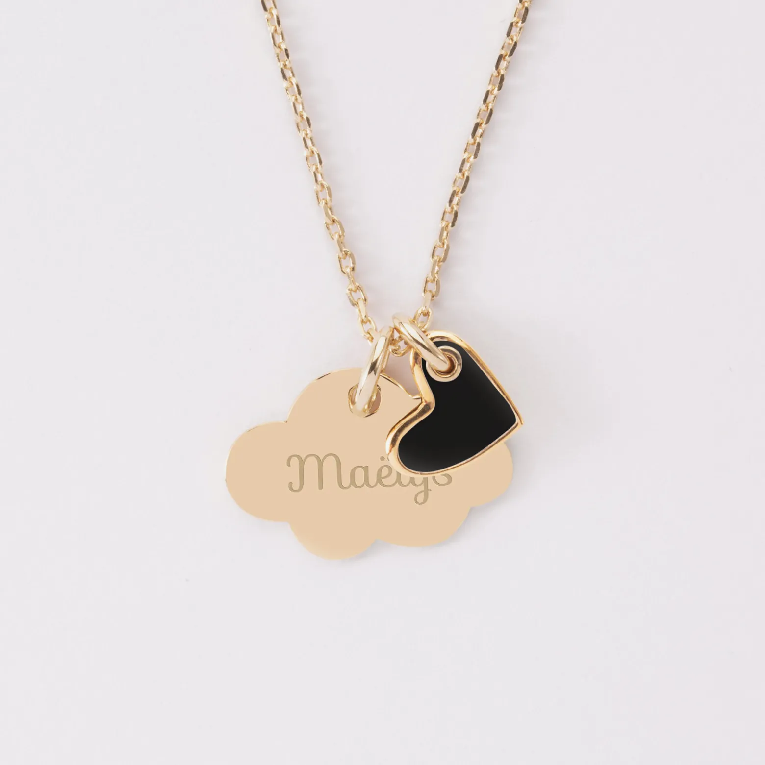 Pendentif enfant personnalisé médaille gravée plaqué or nuage 20x14 mm et breloque coeur email 10 mm