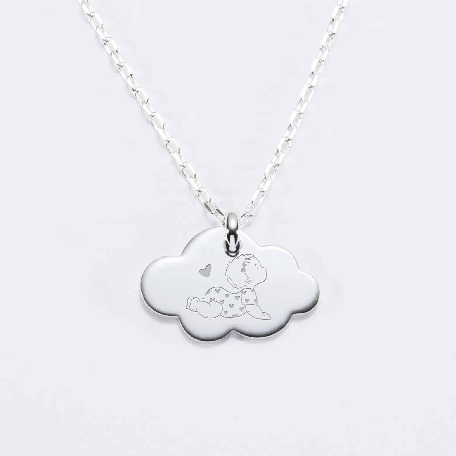 Pendentif enfant personnalisé illustration bébé médaille gravée argent nuage 20x14 mm - HappyBulle x Marie Savart