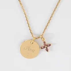 Pendentif enfant personnalisé médaille gravée plaqué or 15 mm et breloque fleur pétales zircons 10 mm