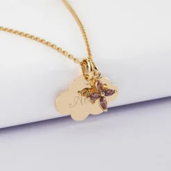 Pendentif enfant personnalisé médaille gravée plaqué or nuage 20x14 mm et breloque fleur pétales zircons 10 mm