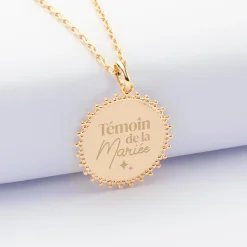 Pendentif EVJF personnalisé médaille soleil gravée plaqué or 20 mm