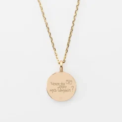 Pendentif EVJF personnalisé médaille gravée plaqué or email blanc soleil 14 mm