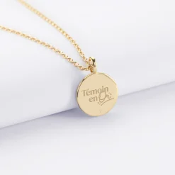 Pendentif EVJF personnalisé médaille gravée plaqué or email noir soleil 14 mm