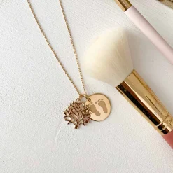 Pendentif famille personnalisé arbre de vie et médaille gravée plaqué or 19 mm
