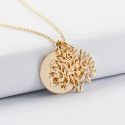 Pendentif famille personnalisé arbre de vie et médaille gravée plaqué or 19 mm