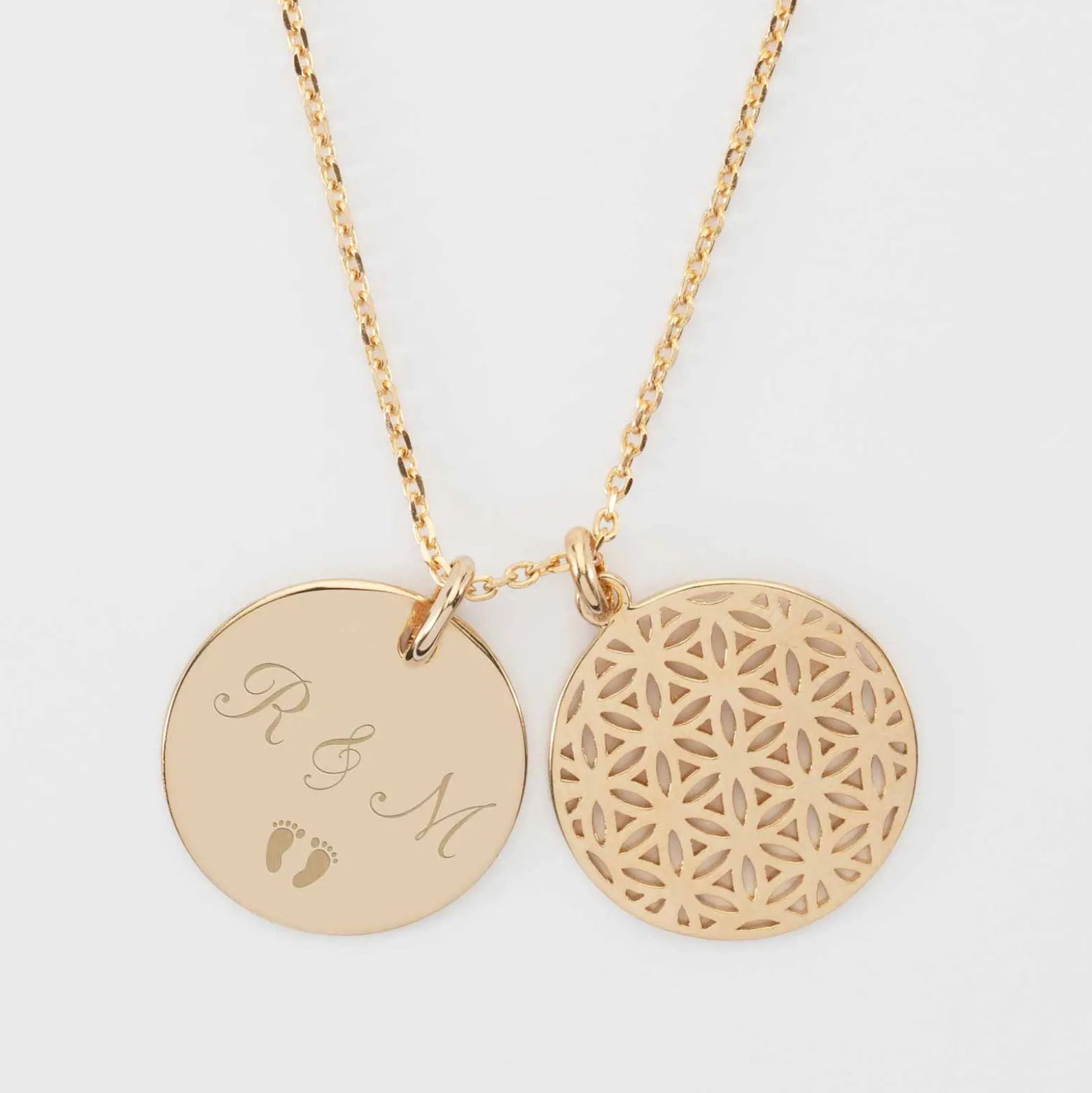 Pendentif famille personnalisé fleur de vie et médaille gravée plaqué or 19 mm