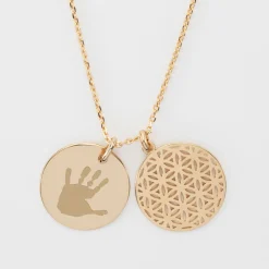 Pendentif famille personnalisé fleur de vie et médaille gravée plaqué or 19 mm