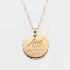 Pendentif homme Famille des mariés personnalisé médaille bombée gravée plaqué or 20 mm