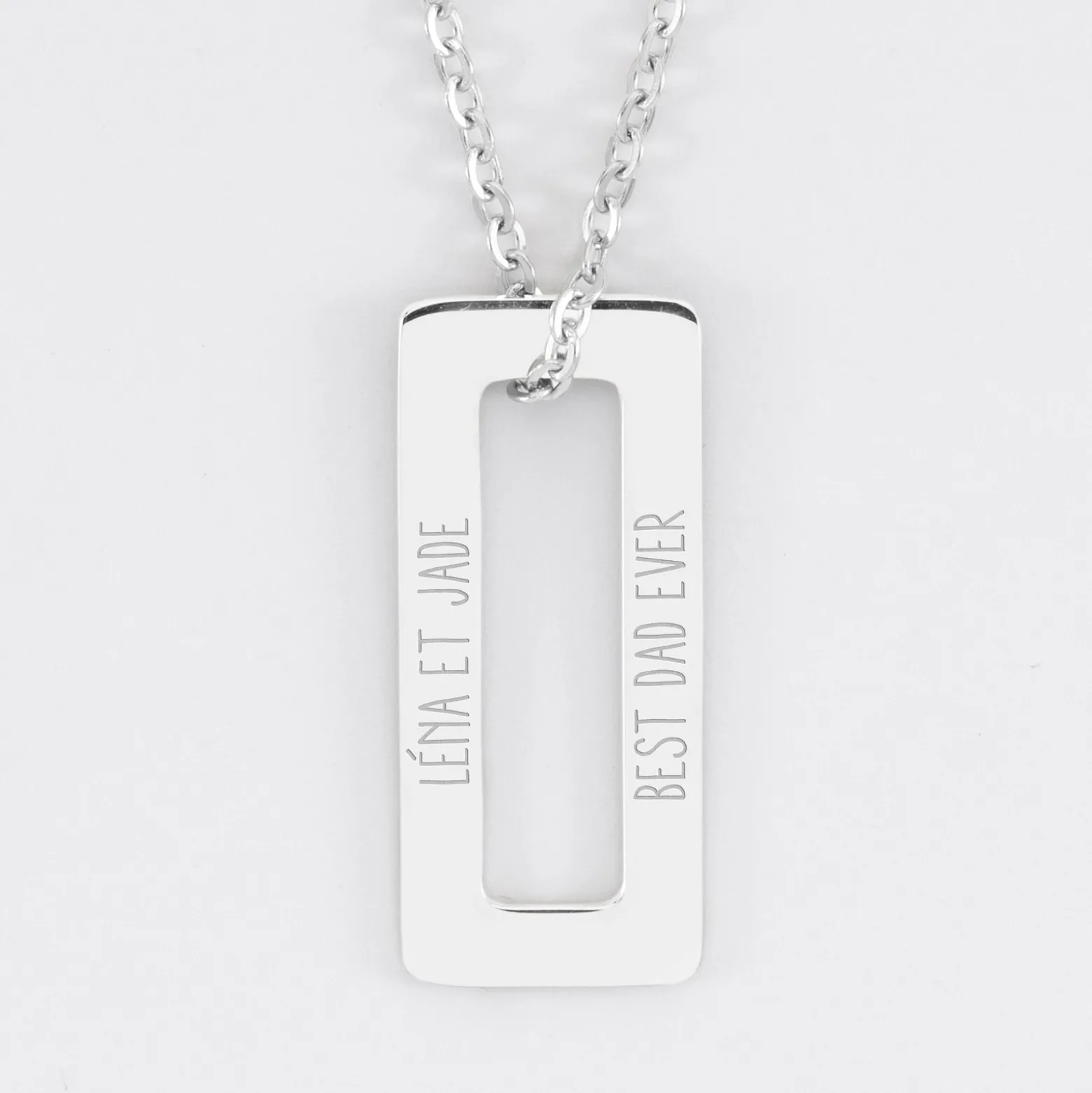 Pendentif homme personnalisé médaille gravée acier rectangle évidé 32x14 mm