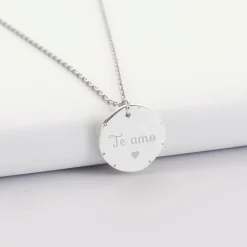 Pendentif Mariée personnalisé médaille contour scintillant gravée argent 16 mm