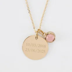 Pendentif Mariée personnalisé médaille gravée plaqué or 19 mm et breloque pierre naturelle 8 mm