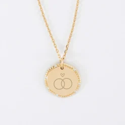 Pendentif Mariée personnalisé médaille contour scintillant gravée plaqué or 16 mm