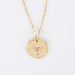 Pendentif Mariée personnalisé médaille contour scintillant gravée plaqué or 16 mm
