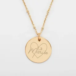 Pendentif Mariée personnalisé médaille gravée plaqué or 19 mm
