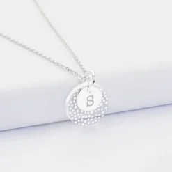 Pendentif personnalisé double médailles gravées argent 10 mm et acrylique 16 mm