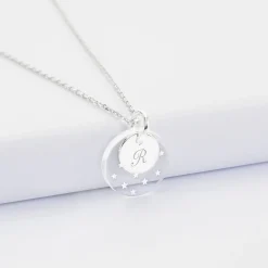 Pendentif personnalisé double médailles gravées argent 10 mm et acrylique 16 mm