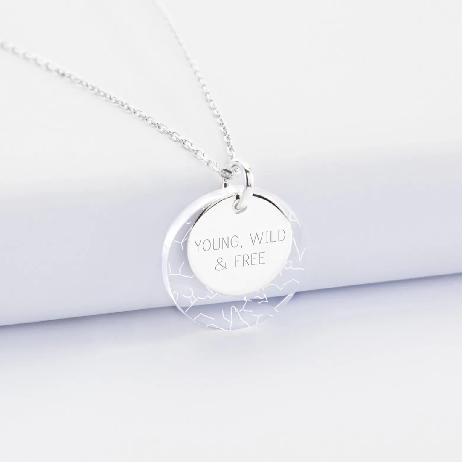 Pendentif personnalisé double médailles gravées argent 15 mm et acrylique "Carte du ciel étoilé" 20 mm