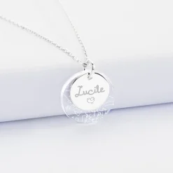 Pendentif personnalisé double médailles gravées argent 15 mm et acrylique