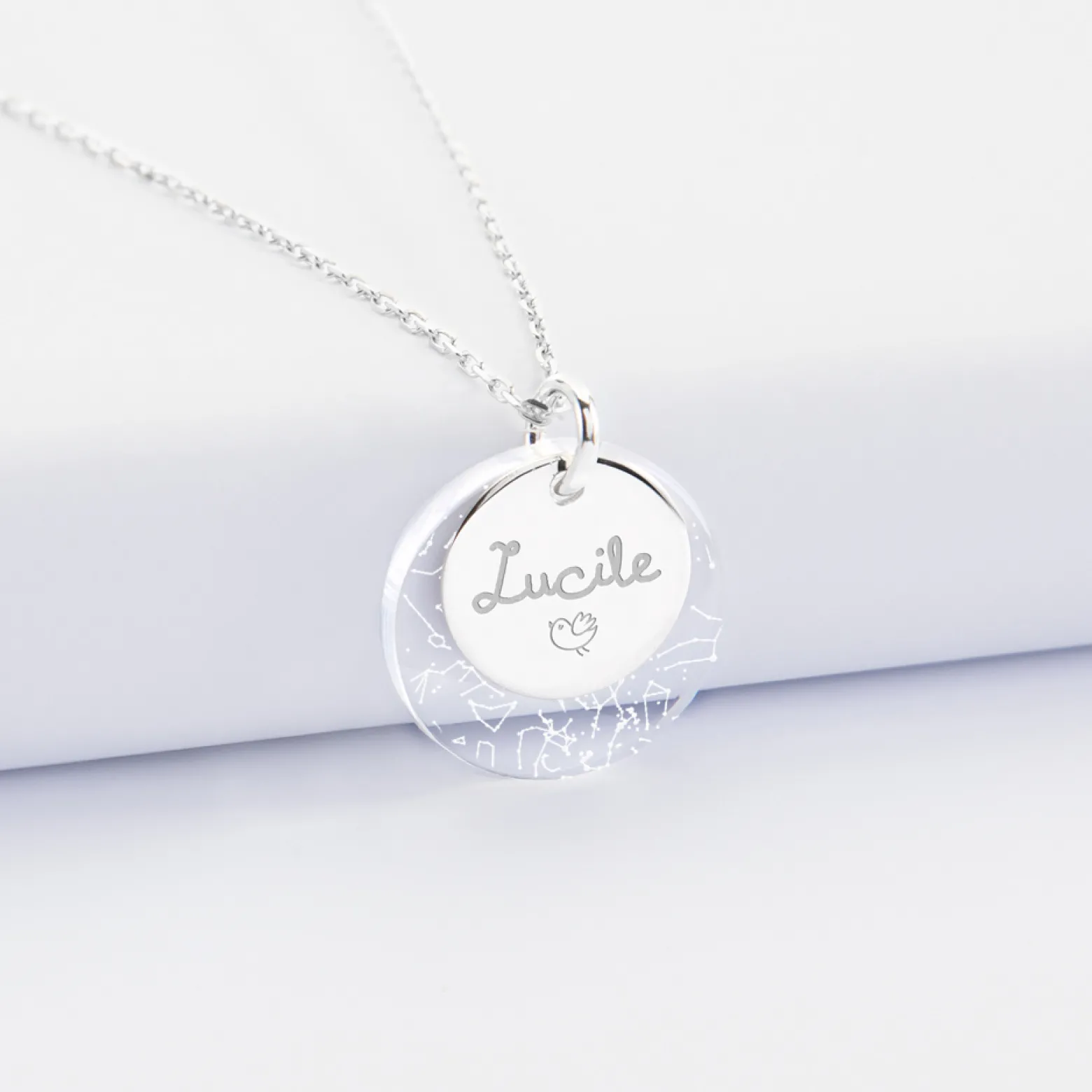 Pendentif personnalisé double médailles gravées argent 15 mm et acrylique "Carte du ciel étoilé" 20 mm