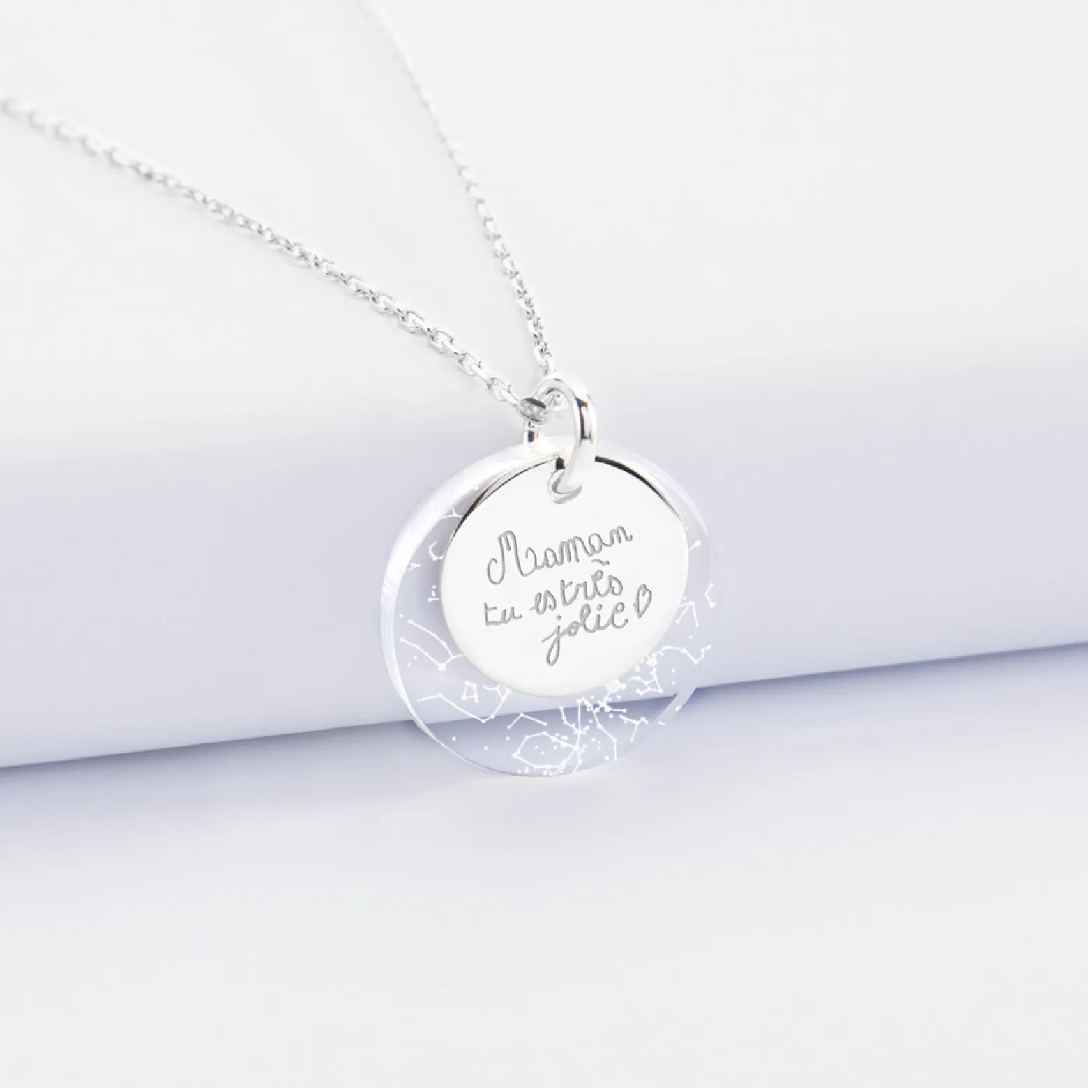 Pendentif personnalisé double médailles gravées argent 15 mm et acrylique "Carte du ciel étoilé" 20 mm