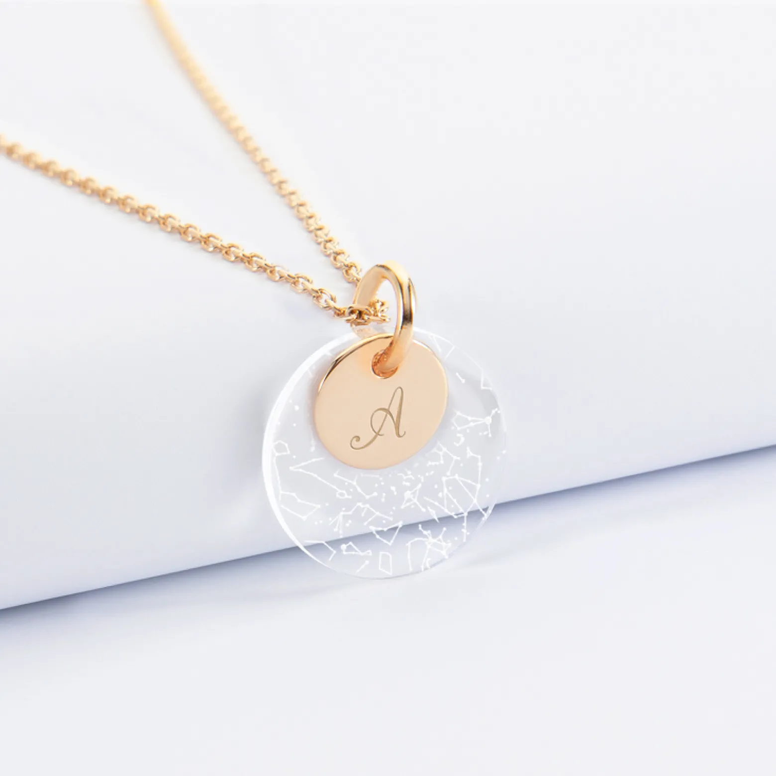 Pendentif personnalisé double médailles gravées plaqué or 10 mm et acrylique "Carte du ciel étoilé" 20 mm