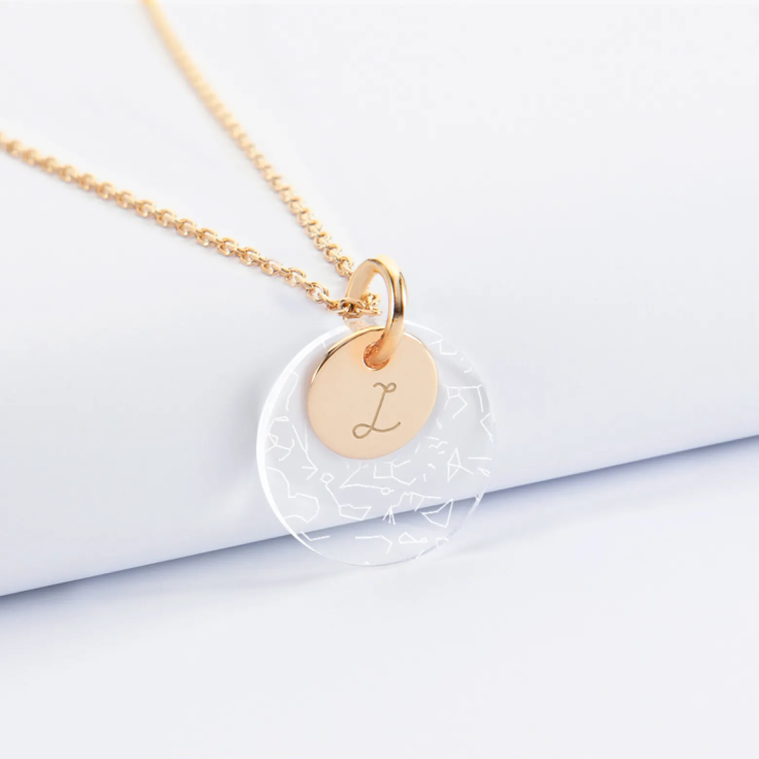 Pendentif personnalisé double médailles gravées plaqué or 10 mm et acrylique "Carte du ciel étoilé" 20 mm