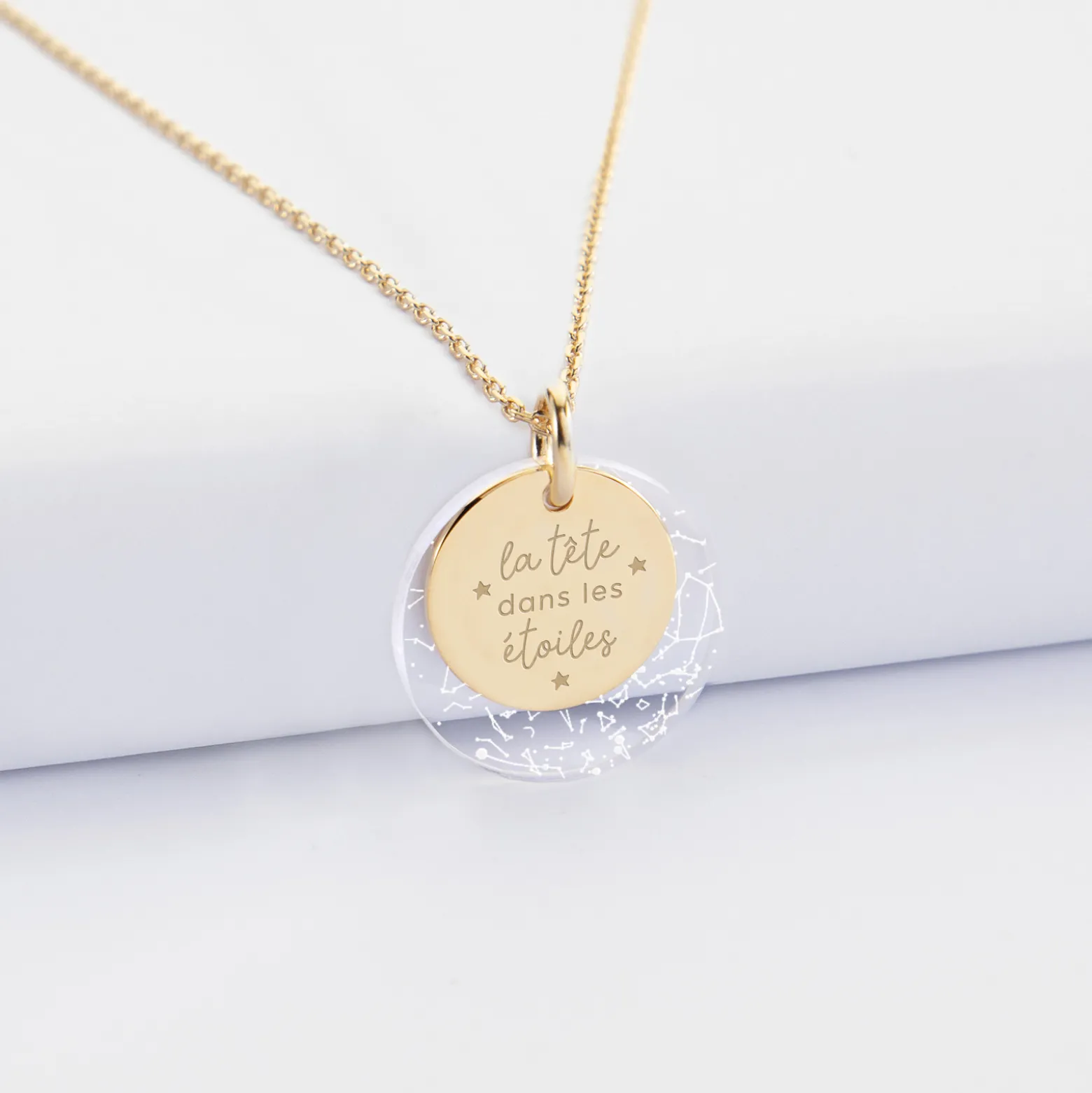 Pendentif personnalisé double médailles gravées plaqué or 15 mm et acrylique "Carte du ciel étoilé" 20 mm
