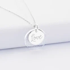 Pendentif personnalisé double médailles gravées argent 15 mm et acrylique 20 mm
