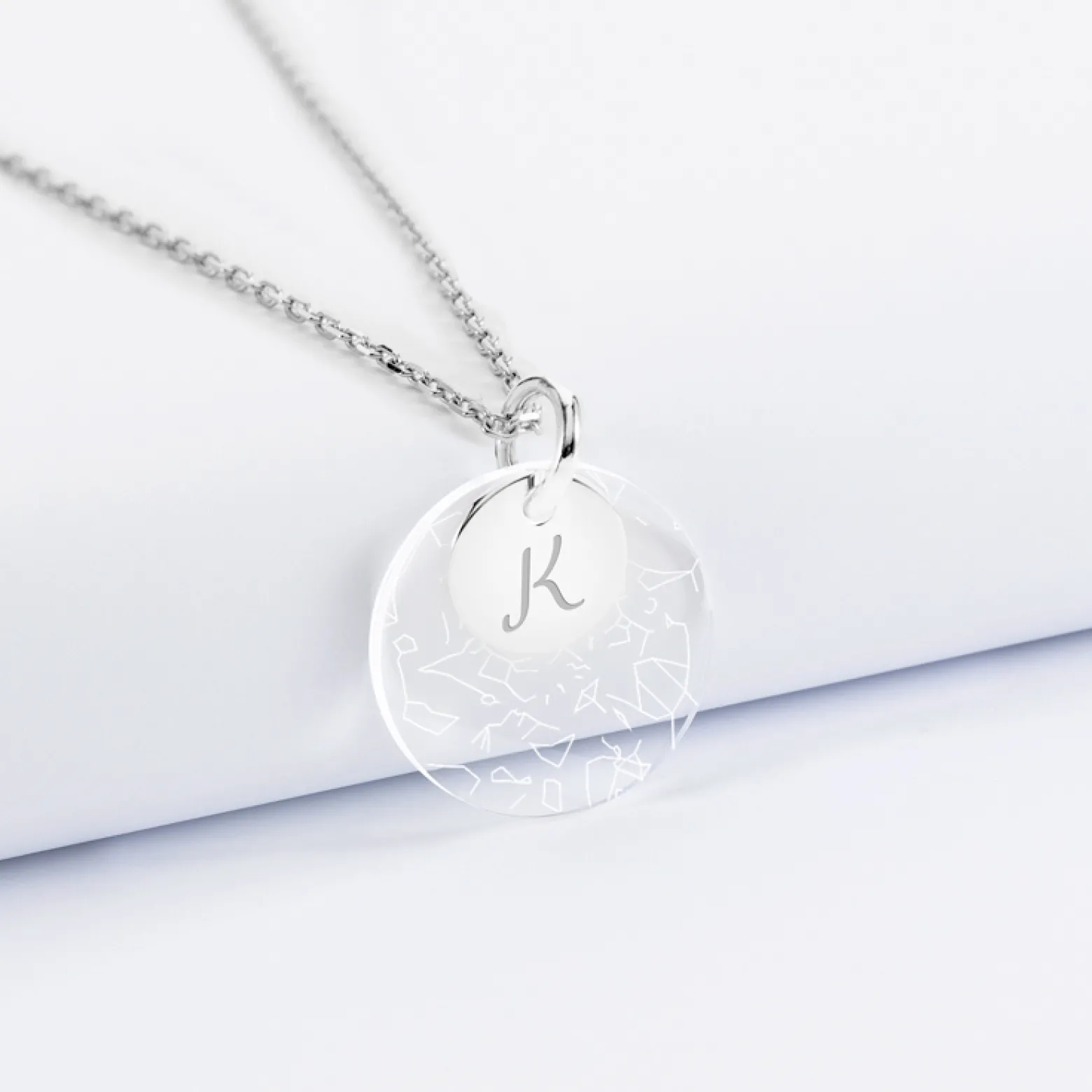 Pendentif personnalisé double médailles gravées argent 10 mm et acrylique "Carte du ciel étoilé" 20 mm