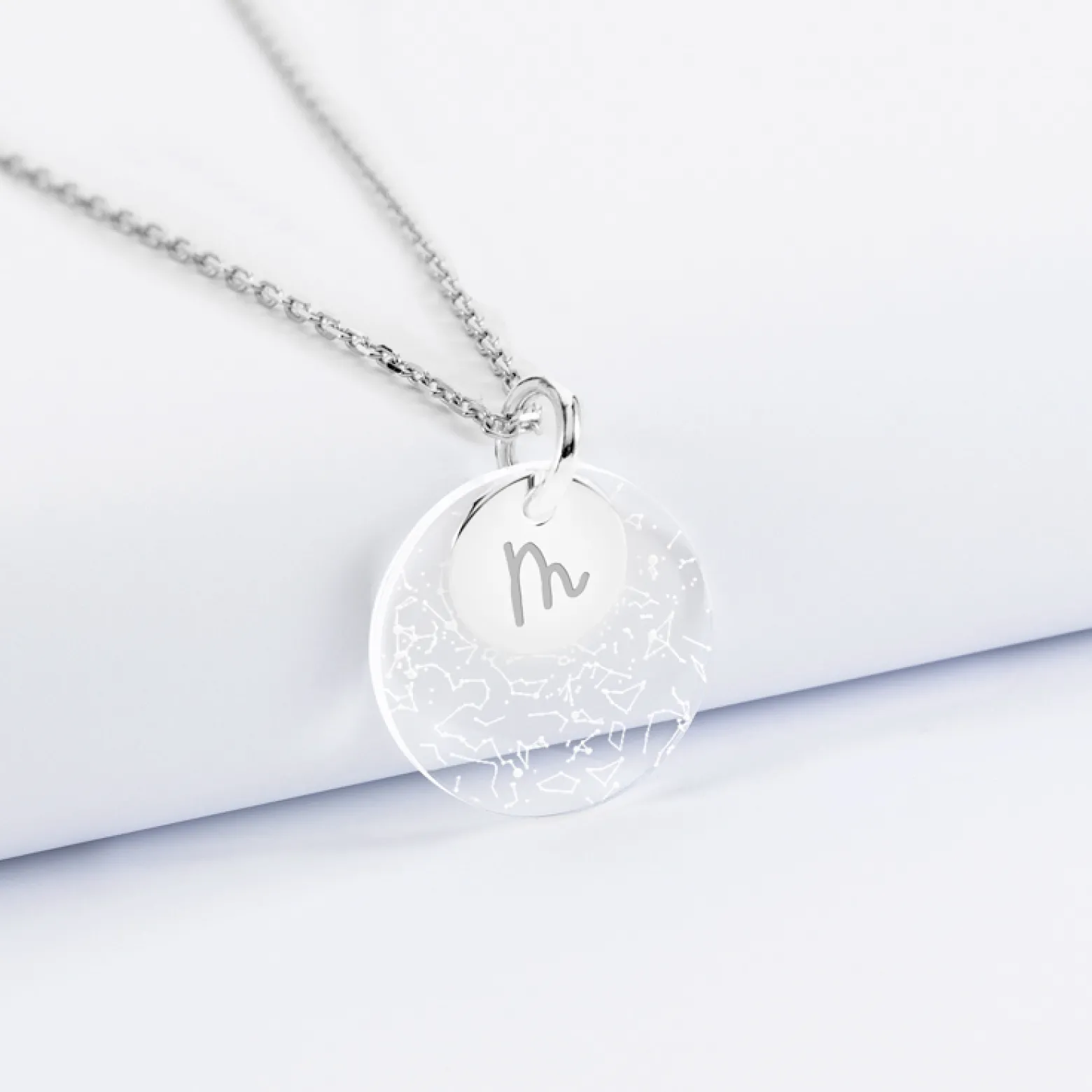 Pendentif personnalisé double médailles gravées argent 10 mm et acrylique "Carte du ciel étoilé" 20 mm