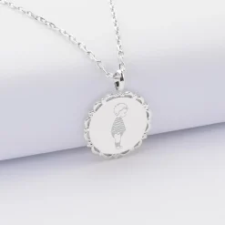 Pendentif personnalisé illustration médaille vintage dentelée gravée argent 17 mm - HappyBulle x Marie Savart