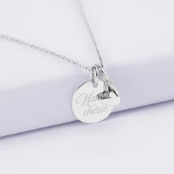 Pendentif personnalisé médaille gravée argent 15 mm et breloque petit coeur bombé 7 mm - HappyBulle x Atelier Wagram