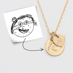 Pendentif personnalisé médaille gravée plaqué or 15 mm et breloque coeur 10 mm