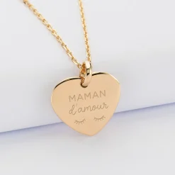 Pendentif personnalisé médaille gravée plaqué or coeur bombé 21x20 mm
