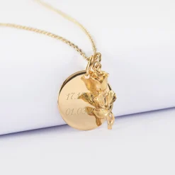 Pendentif personnalisé médaille gravée plaqué or 19 mm et breloque rose 19 mm