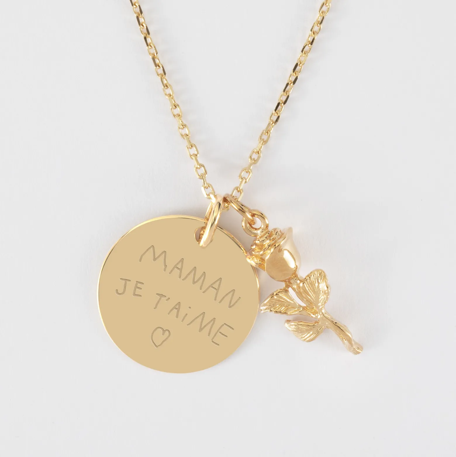 Pendentif personnalisé médaille gravée plaqué or 19 mm et breloque rose 19 mm