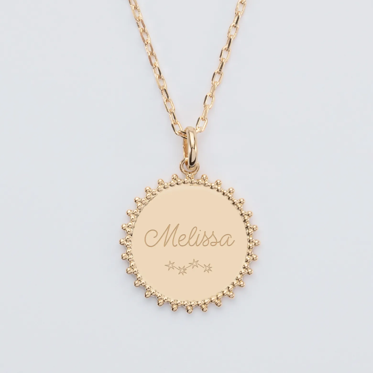 Pendentif personnalisé médaille soleil gravée plaqué or 20 mm