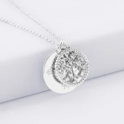 Pendentif personnalisé médaille gravée argent 19 mm et breloque arbre de vie contour torsadé 16 mm
