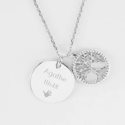 Pendentif personnalisé médaille gravée argent 19 mm et breloque arbre de vie contour torsadé 16 mm