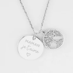 Pendentif personnalisé médaille gravée argent 19 mm et breloque arbre de vie contour torsadé 16 mm