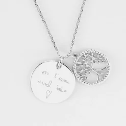Pendentif personnalisé médaille gravée argent 19 mm et breloque arbre de vie contour torsadé 16 mm