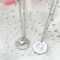 Pendentif personnalisé médaille soleil coeur bombé gravée argent 19 mm