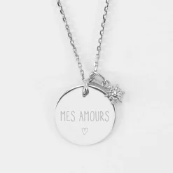 Pendentif personnalisé médaille gravée argent 19 mm et breloque étoile brillante 6 mm