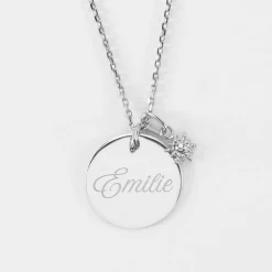 Pendentif personnalisé médaille gravée argent 19 mm et breloque étoile brillante 6 mm
