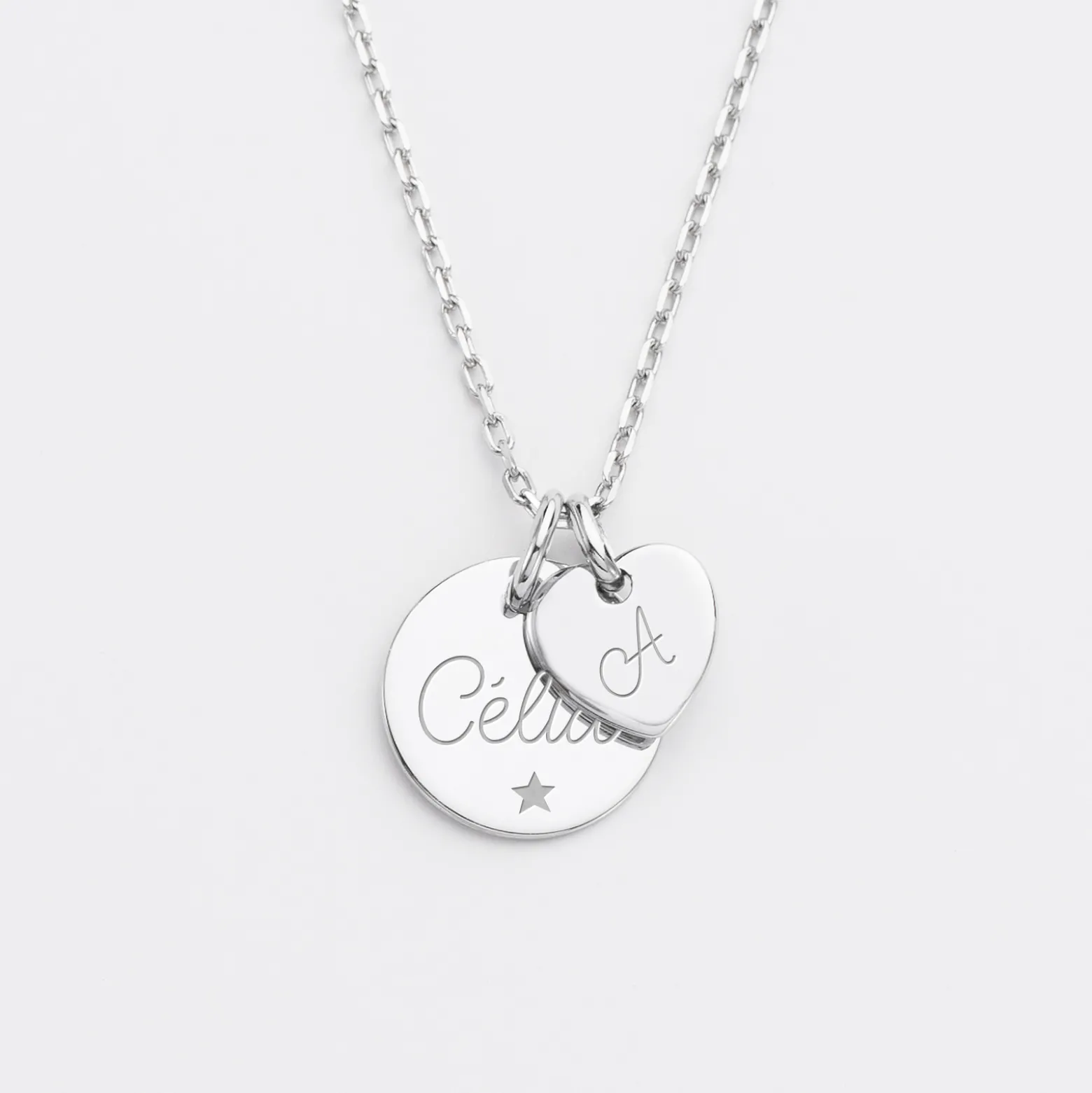 Pendentif personnalisé médaille gravée argent 15 mm et breloque coeur 10 mm